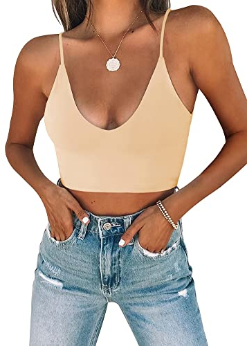 REORIA Damen Sommer Sexy U-Ausschnitt Ärmellos Cropped Cami Camisoles Grundlegende Passform Verstellbare Spaghettiträger Nahtloses Yoga Tank Top Niedliche Crop Tops für Teenager Nude Medium