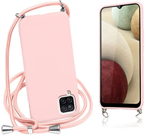 Vauki handyband Hülle für Samsung Galaxy A12/M12/A12 Nacho Rosa Handyhülle mit Band/Kordel Necklace, Weich Silikon TPU Stoßfest Bumper Schutzhülle zum Umhängen Handykordel Schnur Case für Samsung A12