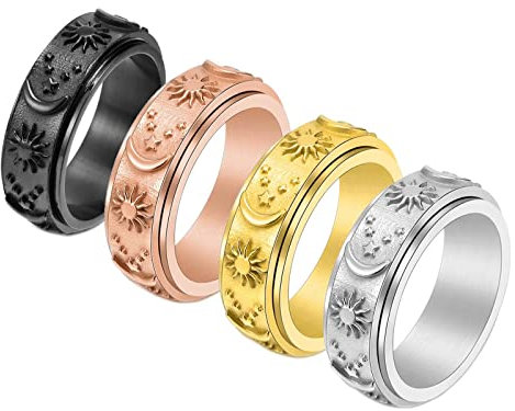Mesnt Ring Vergoldet Herren, Fidget Spinner Ring Mit Sonne-Mond-Stern-Gravur Schwarz, Silber, Gold, Roségold Größe 54 (17.2)