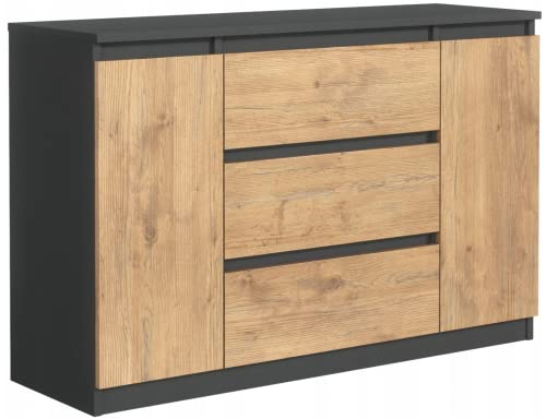 3E 3xE living.com Commode avec 2 Portes, 3 tiroirs Anthracite & chêne Lancelot, L: 120 cm, H: 79 cm, P: 39 cm