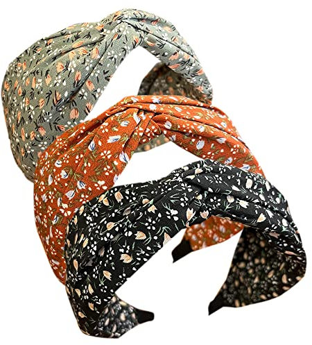 3 Stück Stirnbänder für Damen, Boho, Wickelbindung, modische Haarbänder, elastisch, gedrehter Haarschal, hübsche Fliege, breite Haarbänder für Frauen, Großbritannien und Mädchen (WideFlower)
