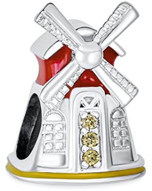 Bling Jewelry Tourismus Reise Urlaub Wahrzeichen Holland Niederländische Windmühle Roter Emaille CZ Charm Anhänger Für Frauen Für Teenager .925 Sterlingsilber Passt Europäisches Armband