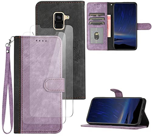 Hoyoikun Coque pour Samsung Galaxy A8(2018)[2 pcs Protecteur d'écran],Etui en Cuir PU Portefeuille Coque avec Fente Carte,Fonction de Support,Fermeture Magnétique-Violette