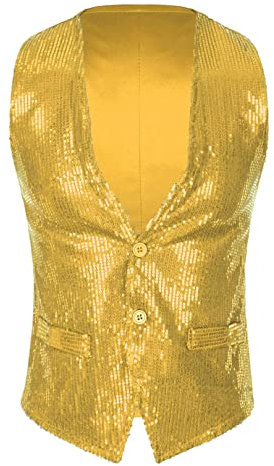 ranrann Herren Pailletten Weste Ärmellos Jacke Mantel Anzugweste Erwachsene Disco Tanz Silvester Fasching Karneval Kostüm Gold B XL