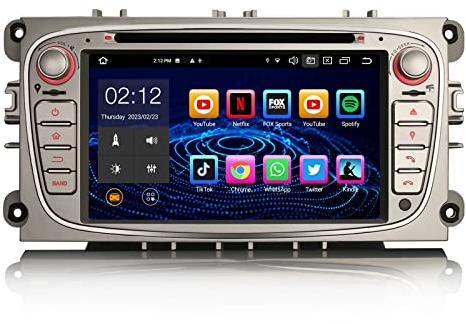 Erisin 8-Kern 4GB+64GB Android 14 Autoradio mit Navi GPS für Ford Focus Galaxy C-Max S-Max Mondeo 7 Zoll IPS Bildschirm Unterstützt Bluetooth CarPlay Android Auto WiFi 4G DSP DAB+ OBD2 CD DVD Canbus