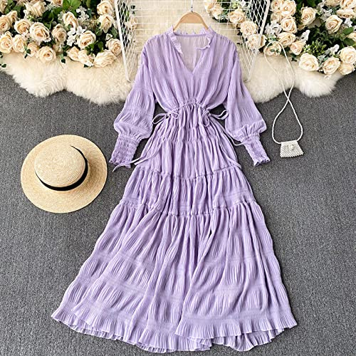 KIMCCI Boho Kleid Damen, Damen-Boho-Kleid, Elegantes Plissee-Midikleid, 3/4-Laternenärmel, Urlaubskleid, Separate Hosenträger, Kordelzug, Elastische Taille Für Büro, Freizeit, Sommer-Damenkleid