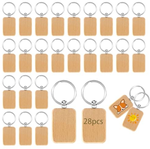 Wilsonzin Porte-clés En Bois Naturel Bricolage Vierge Brut Porte Clés Étiquette Gravable/Peinte Porte-Clés en Bois de Hêtre pour Clés Femmes Hommes Cadeau Décor 28 Pièces