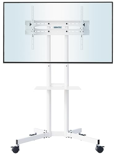 BONTEC TV Ständer mit Rollen für 32-85 Zoll LCD, LED, OLED Fernseher, Höhenverstellbar, Max VESA 600x400 mm, Bis 60kg, Weiß, TV Wagen mit Ablage, Kabelmanagement, Rollbar für Büro und Zuhause