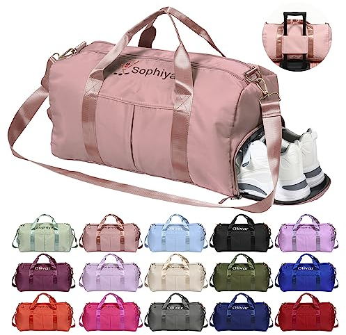 Personalisierte Schwimmtasche, OXYEFEI 45 Embroidery Muster Optional Sporttasche Mädchen Kinder Name Trainingstasche mit Groß Schuhfach Nassfach Faltbare für Ballett Gymnastik Gym(Rosa)