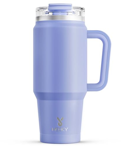 Meoky 32 oz Tumbler with Handle, Insulated Tumbler with Lid and Straw, Stainless Steel Travel Mug, Keeps Cold for 24 Hours, 100% Leak Proof, Fits in Car Cup Holder (Lilac)