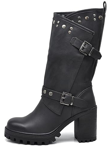 IF FASHION Stivaletti Tronchetti Da Donna Con Tacco Grosso Plateau Borchie Pelle Sintetica G673 nero N.36