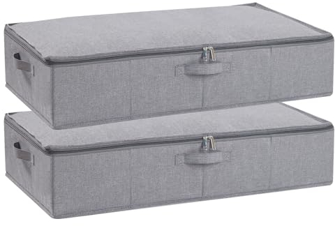YheenLf Under Bed Storage Box with Lid, Foldable Wardrobe Organiser with Reinforced Handles for Blanket, Sheets, Clothing, Shoes, Grey, 60×30×15 cm, 2-Pack