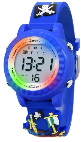 HMJIA 3D Cartoon Design Armbanduhr für Kinder Jungen und Mädchen 3ATM Wasserdicht Kinderuhr mit Wecker/Datum/Stoppuhr/LED (LED Blaues Piratenschiff)