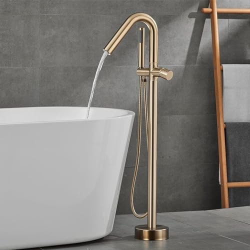 Robinet de Baignoire Sur Pied avec Douchette Bec Haut Rotation 360° Robinet pour Baignoire Ilot,Or Brossé
