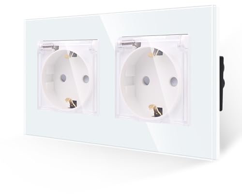 JIMEIDA 2-Steckdose Weiß 16Amp Glas Steckdosen mit Wasserdichtem Deckel 157 * 86mm,250V,2 Fach