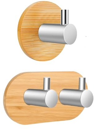 YUET Gancho Autoadhesivo de Madera de Acero Inoxidable 304, 2 Piezas Tallero de Bambú para Pared, Gancho Adhesivo para Salón, Cocina, Baño, Garaje, Dormitorio (Pequeño + Mediano)