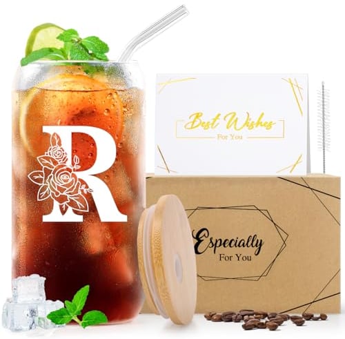 Psukhai A-Z 26 Initial Personalised Birthday Gifts for Women Girlfriend Best Friend Her Mum Sister Friendship Teacher Valentines Christmas Gifts for Dad Him Men, Iced Coffee Cup Gift with Lids Straws