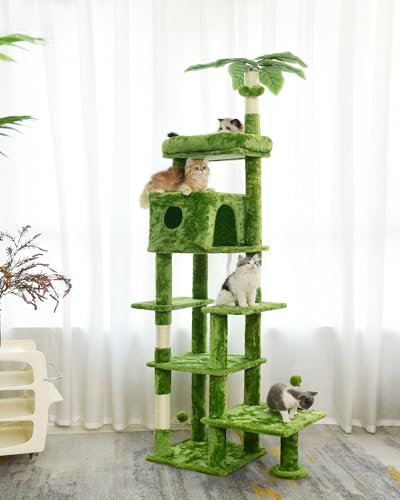 Cat Tree, 195cm Multi-level Cat Climbing Tower w/Sisal Scratching Posts, Cat House and Dangling Balls Kitten Activity Centre Cat Play House