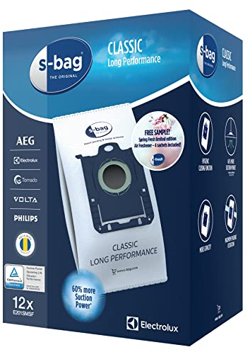 Electrolux S-bag Classic Long Performance Sacs Aspirateur E201SM, Matériau Durable, Haute Capacité de Filtration, Facile à Insérer dans l'aspirateur, Mega Pack, 12pcs