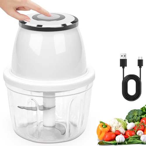 Picadora Electrica 350ml, Picadora de Carne, Mini Batidora Portatil con 3 Cuchillas para Verduras Carne Hierbas Cebolla Fruta - Blanco, USB Recargable