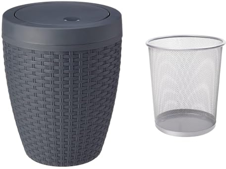 Addis Faux Rattan Round Swing Lid Bathroom Bin, Charcoal, 517488 & KEPLIN Round Trash Can - 1 Pack Silver Non-slip Mesh Bin