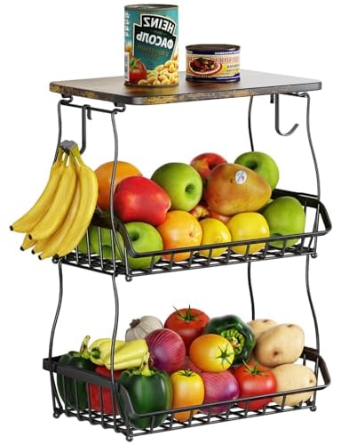 3 Tier Fruit Basket for Kitchen Counter with Wood Lid, Wall Mounted Fruit Bowl with Banana Hanger, Metal Wire Storage Basket Kitchen Countertop Organizer, Fruit Stand Holder for Produce Pantry Storage