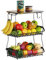 3 Tier Fruit Basket for Kitchen Counter with Wood Lid, Wall Mounted Fruit Bowl with Banana Hanger, Metal Wire Storage Basket Kitchen Countertop Organizer, Fruit Stand Holder for Produce Pantry Storage
