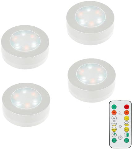 MOUJUCHI Under Cabinet Lights,4 Pack LED Closet Lighting Battery Powered with Remote Control LED Puck Lights Adjustable Brightness for Wall Closet Cabinet Stairs Drawer Battery Operated(White