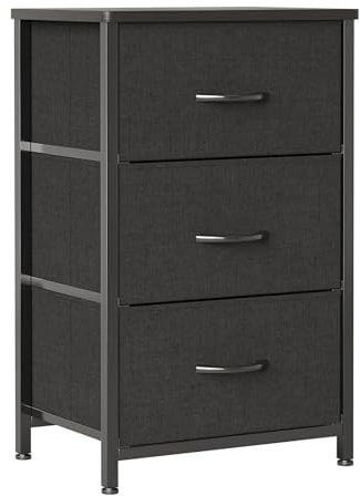 CAIYUN Nachttisch mit 3 Schubladen, Schmaler Kommodenschrank aus Stoff, Sideboard mit Holzplatte, Aufbewahrung für Schlafzimmer, Wohnzimmer, Flur, Modernes Design, Schwarz, Platzsparend