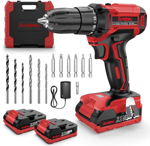 Sundpey 21V Cordless Drill Set - Electric Screwdrivers with 2x2000mAh Batteries & 45N.m Max Torque & 18+1 Torque Setting & 2-Gear & 3/8 Chuck, Power Drill with 17 Accessories for Home DIY(Red)
