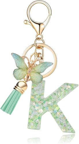 Frundoo Schlüsselanhänger Buchstabe, Schlüsselanhänger Mädchen, Schlüsselanhänger mit Anfangsbuchstaben Grün, Schlüsselanhänger Schmetterling, Geschenke für Damen