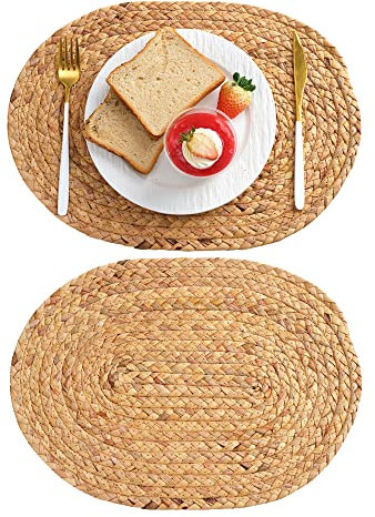 Large Oval Woven Placemats, 30 x 40cm 2 Pack Natural Water Hyacinth Kitchen Dinning Table Mats, Rustic Boho Heat Resistant Non-Slip Mats Heat-Resistant Braided Farmhouse Placemats