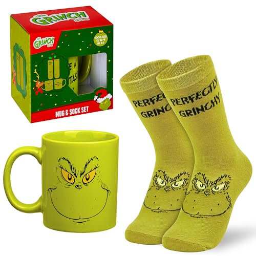 The Grinch Mug and Calf Socks Gift Set for Women Teenagers Funny 340ml Ceramic Mug Soft Socks, Xmas Secret Santa Gifts for Her