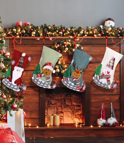 Bixury 4 Stück Weihnachtsstrumpf,Weihnachtsstrümpfe Weihnachtssocken Kamin Nikolausstiefel zum Befüllen & Aufhängen Nikolausstrumpf in 4 Süßen 3D Designs für Weihnachtsdeko Weihnachtsbaum Wand Treppe
