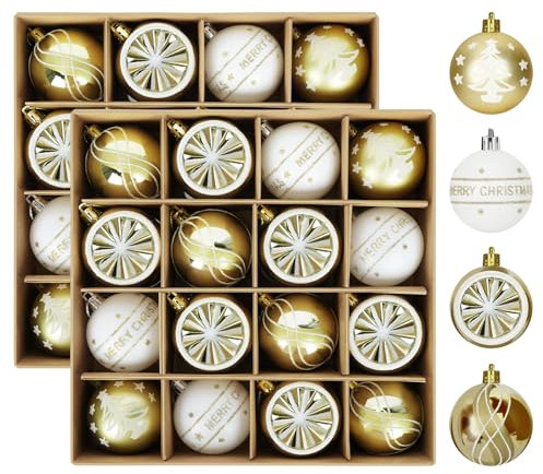 32 Stück 6CM Weihnachtskugeln Kunststoff Set, Christbaumkugeln Deko Weihnachten, Weihnachtsbaumschmuck, Baumschmuck Weihnachten Weihnachtskugeln, Gold Weiß