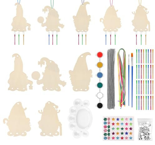 ilauke Weihnachten Holz Windspiel, 10 Stück Wichtel Windspiel Bastelset DIY Gnome Weihnachtsdeko Bastelhandwerk Kreativsets zum Bemalen für Mädchen & Jungen Geburtstag