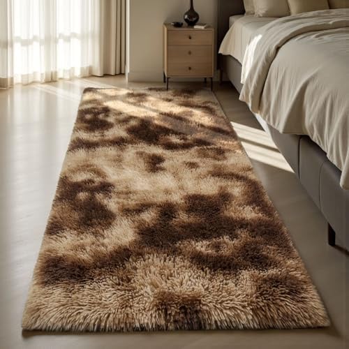Sour Lemon Teppich Schlafzimmer 60x220cm, Braun Teppich Flur Läufer | Rutschfest Schlafzimmer Teppich Waschbar Flauschiger Wohnzimmerteppiche Zottelige Weiche Teppiche für Kinder Flur Wohnzimmer
