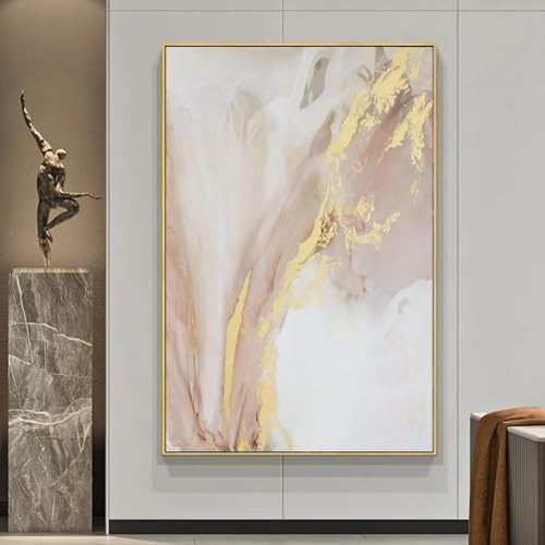 Impresión artística abstracta grande para pared, color oro rosa y blanco, pintura abstracta de río, cuadros modernos para pared de sala de estar, 70 x 117 cm, con marco dorado