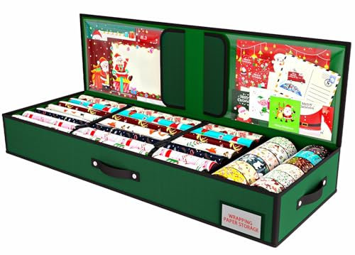 KYEVIS Geschenkpapier Aufbewahrung für Weihnachtsgeschenkpapier, Geschenkpapier Organizer mit Fächern für Schleifen, Anhänger, Schere und Bänder(GRÜN)