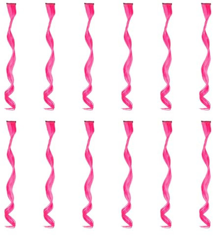 Lot de 12 extensions de cheveux synthétiques, ondulées, bouclées, à clipser, 50 cm, pour fête, rose vif