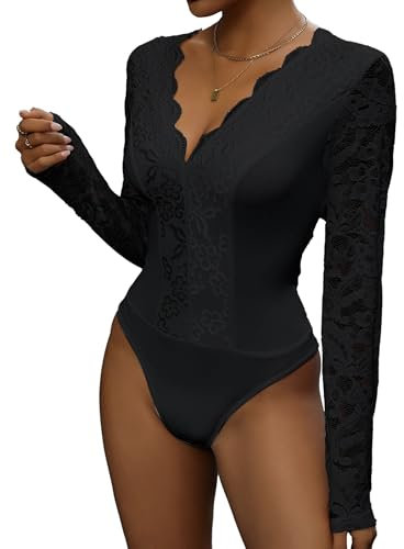Everbellus Sexy Encaje Floral Body para Mujer, Blusa Tops de Manga Larga Profunda Cuello en V Bodysuit Camisa Negro Large