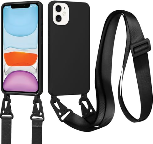 Woijrly Funda para iPhone 11 Caso con Cordón, Ajustable Collar Carcasa iPhone 11 Cuerda, Delgado Suave Bumper TPU Silicona Líquida Antigolpes Case, Carcasa Protectora con Forro de Microfibra, Negro