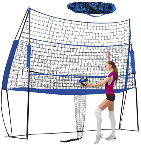 Volleyballnetz Trainingssystem, Tragbares 3-in-1 Volleyball Netz mit Tragetasche, Höhenverstellbar Volleyball-Rebounder für Hinterhof-Schlägerteam Solo-Trainingsgeräte, 2.44 * 3.35 M (Blau)