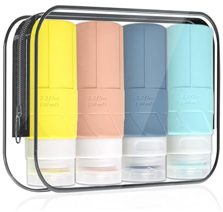 Yesimola 4 Pezzi Flaconi da Viaggio 100 ml, Silicone Boccette da Viaggio, Kit Viaggio Liquidi, Kit da Viaggio Prodotti Bagno, Riutilizzabile Contenitori da Viaggio per Creme Lozioni, Senza BPA