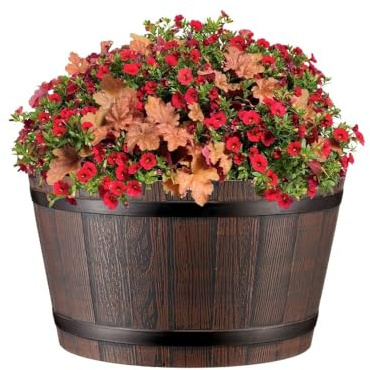 Gardening Naturally Wooden Barrel Effect Crocus Pot - Recycled Plastic, UV & Frost Resistant, By Flowersea (Red Wine, 30cm)