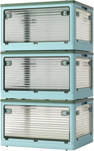 Roqao 3 Stück Aufbewahrungsboxen mit Deckel, 150L (48 x 36 x 85.5 cm) Faltbare Stapelboxen mit Rollen, Zusammenklappbare 5-Türen Plastik Eurobox für Wohnzimmer Küche Lebensmittel, Blau