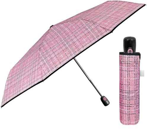 Paraguas Mujer Plegable Abre y Cierre Automático - Sombrilla Lluvia Resistente Cortaviento Colorado - Paraguas Pequeño Compacto Práctico para Chicas - Diámetro 98 cm PERLETTI (Tweed Rosa)