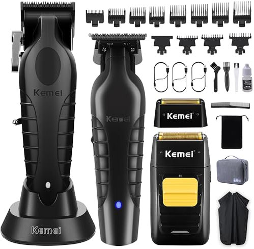 KEMEI Juego de Maquina de Cortar Pelo Hombre y Afeitadora Electrica Hombre con cabezales de repuesto, Trimmer con Hoja en T, 11 Peines Guía, KM-2299, KM-2296, KM-1102