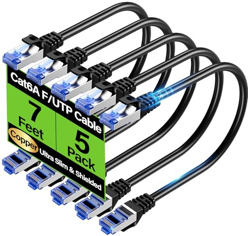 Cavo Ethernet Cat6A schermato, 10 Gbps, 2,1 m (confezione da 5), cavo Ethernet schermato sottile (F/UTP) Cat 6, cavo flessibile in rame nudo Cat6 da 28 AWG, cavo di rete salvaspazio Cat 6a per server