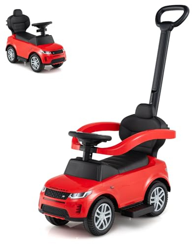 SOARS 3 in 1 Land Rover Rutschauto, mit Abnehmbarer Schiebstange, Rot | Rutschfahrzeug, verstellbarer Schutzbügel, einklappbare Fußstützen, Hupe, Stauraum, Spielzeugauto für Kinder ab 1 Jahr
